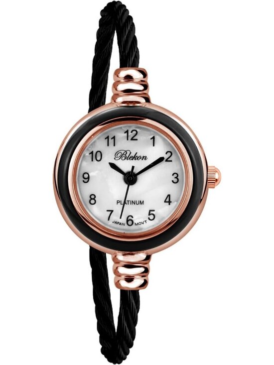 Women\'s Rose Gold Black Analog Elegant Cable Cuff Arabic Numbers Bracelet Watch